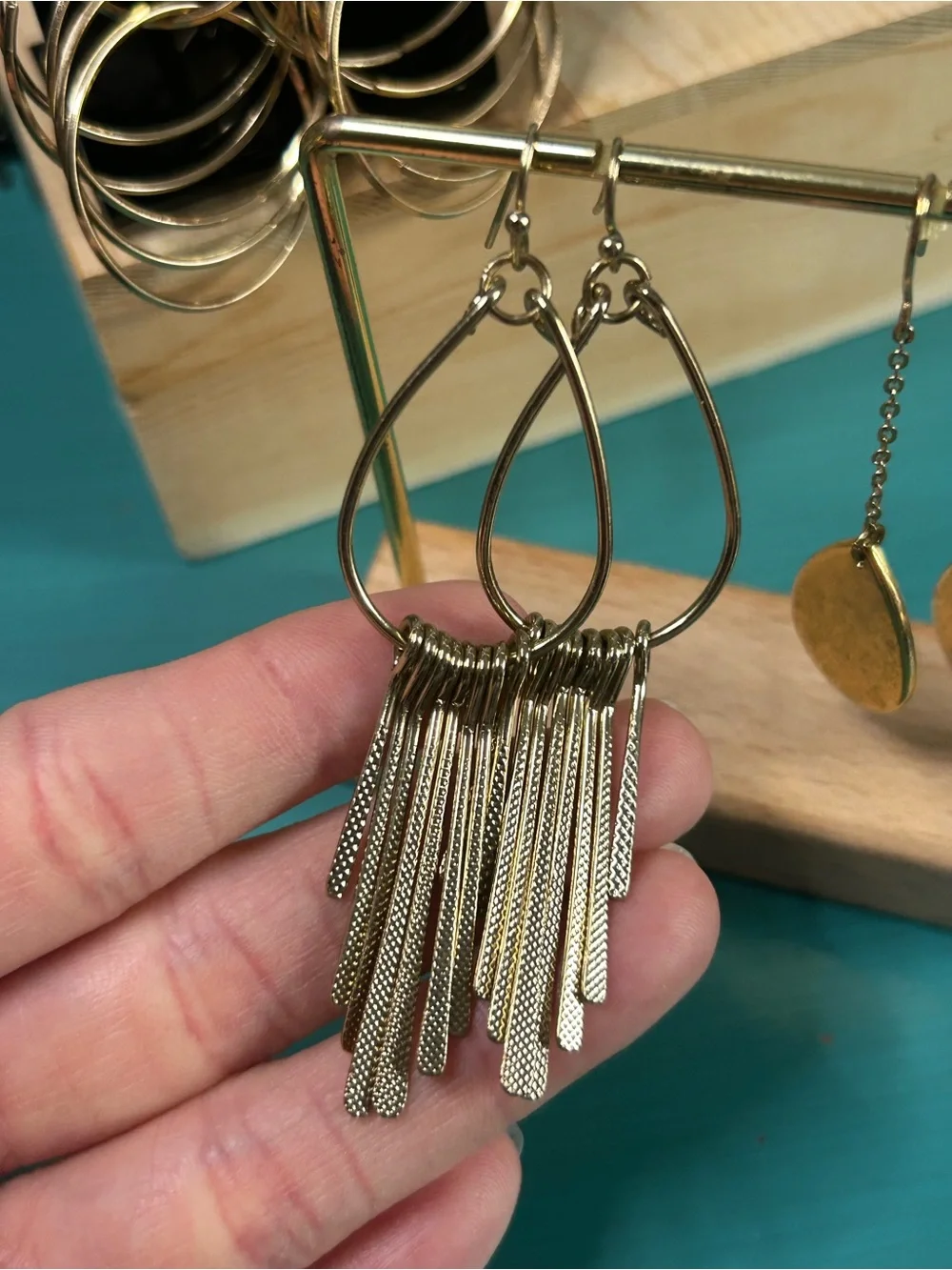 Three Pair of Gold Tone Art Deco Statement Dangle Drop Earrings